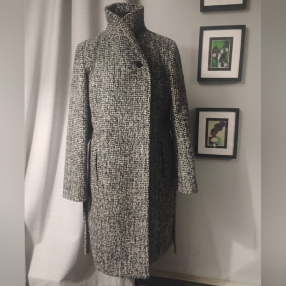 Cole Haan Asymmetrical Shawl Collar Wool Coat in Black and White Sz 14 - Picture 14 of 16